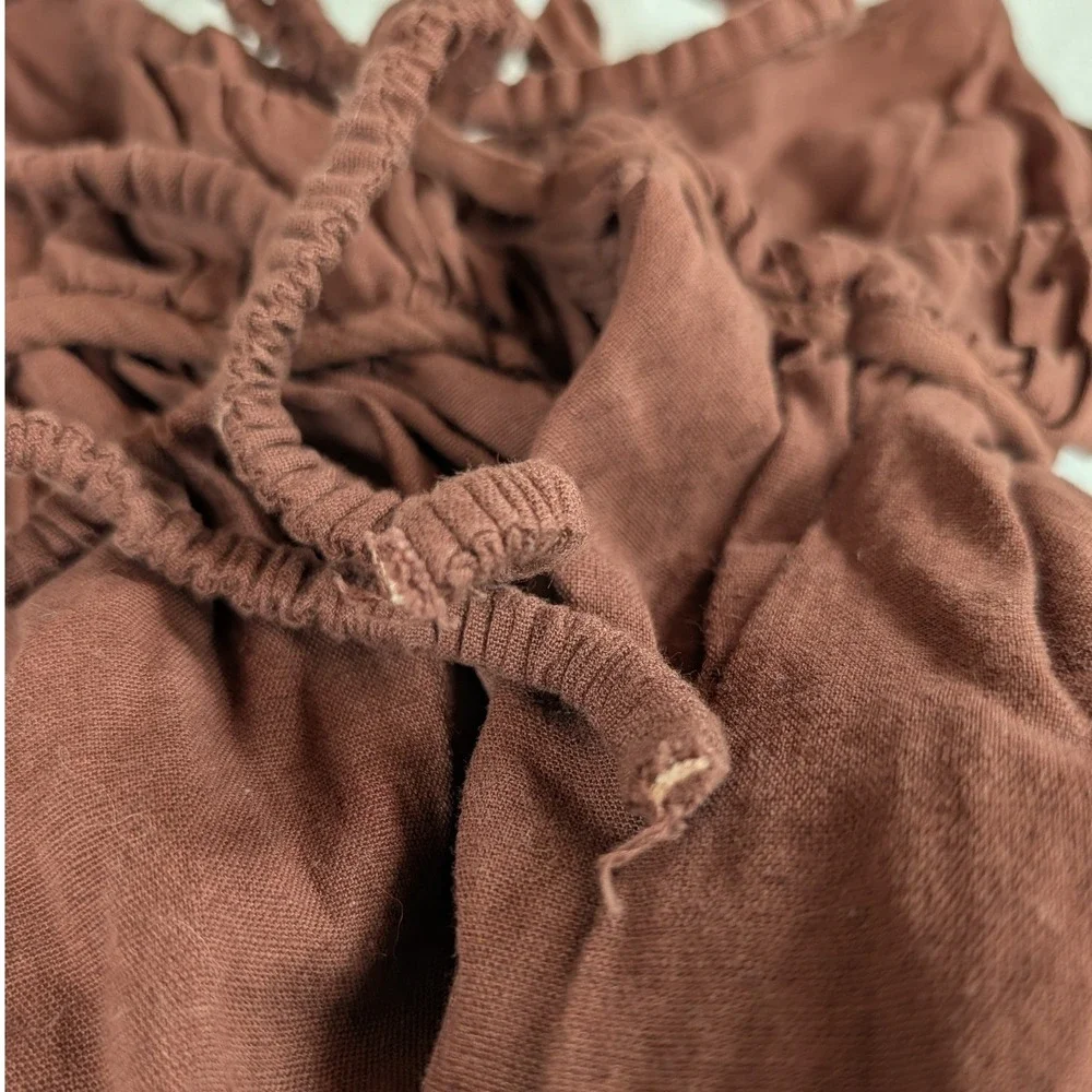 Free People Babydoll Brown Cotton Linen Strappy Back Mini Dress Pockets XS